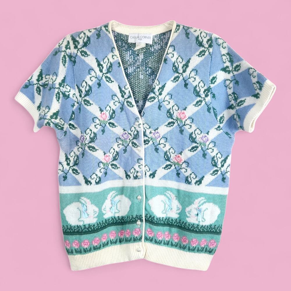 Vintage Spring Floral Bunny Knit Cardigan Sweater MEDIUM Bows Cottage Easter